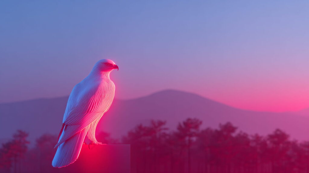 White hawk looks at forest in distance